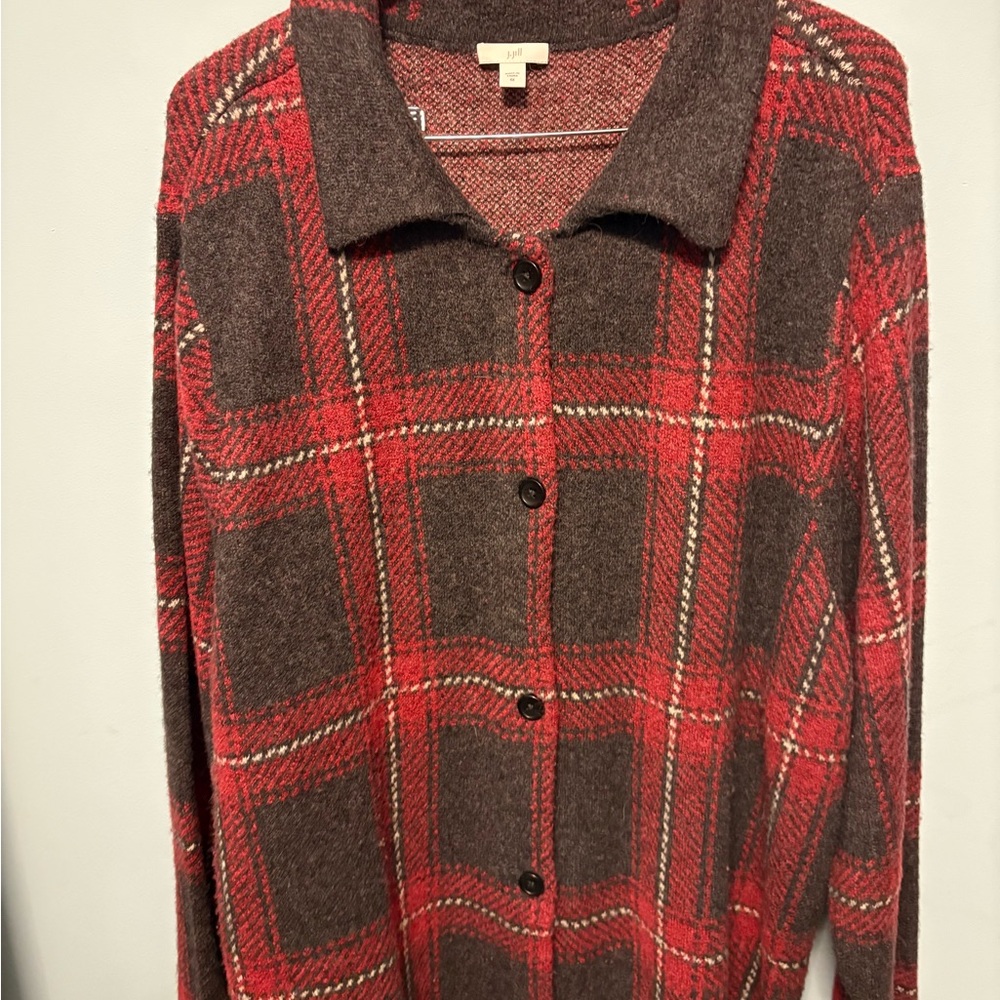 JJill Red and charcoal Plaid Button-Up Sweater Jacket